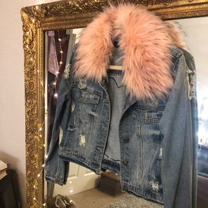 Jean jacket with rolling stones lips and pink fur